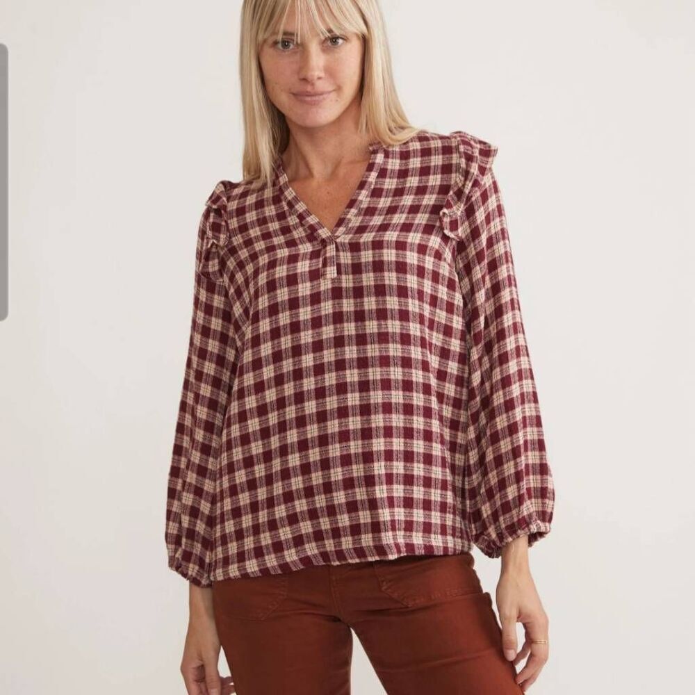 Marine Layer Plaid Jamie Ruffle Sleeve Blouse